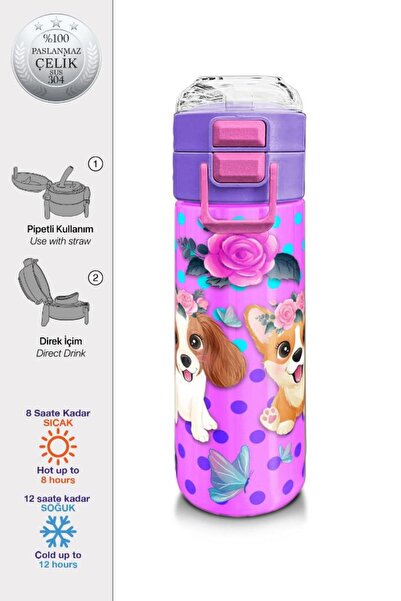 Coral High Kids Pembe Köpek Desenli Pipetli ve Direkt İçim Çelik Termos 500 m...