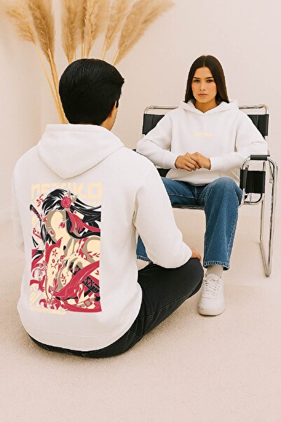 By Caspita Fashion Lenithra Demon Slayer Nezuko Kamado Anime Hanorac Oversize Unisex Alb cu print pe spate