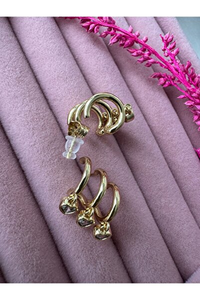 XUPING JEWELRY Xuping Zirkon Taşlı Minik Kalp Detaylı 14K Altın Kaplama 3lü Vip Küpe