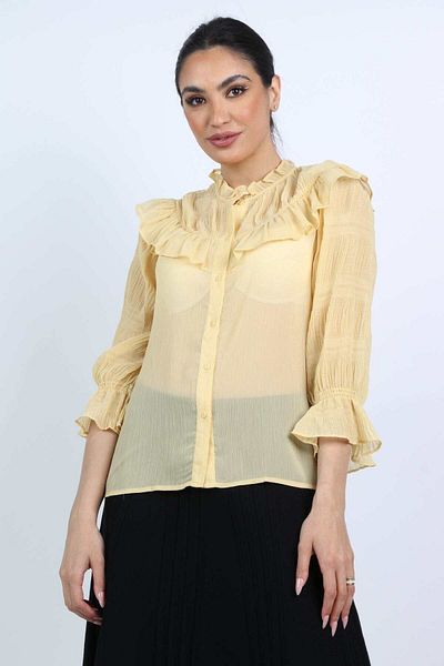 Nichii Women's Sheer Blouse with Front Buttons and Ruffled 3/4 Sleeves