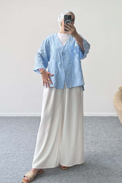 Hatun Atila Textured V-Neck Single Button Jacket 8877 - Blue