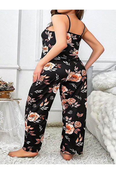 Aria's Closet Arias Closet Plus Size Black Floral Print Thin Strap 2-Piece Pajama Set