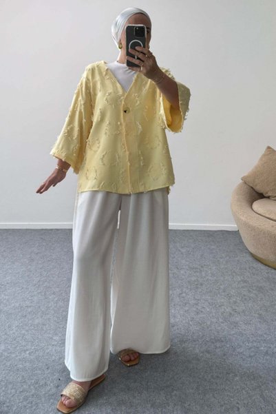 Hatun Atila Textured V-Neck Single Button Jacket 8877 - Yellow
