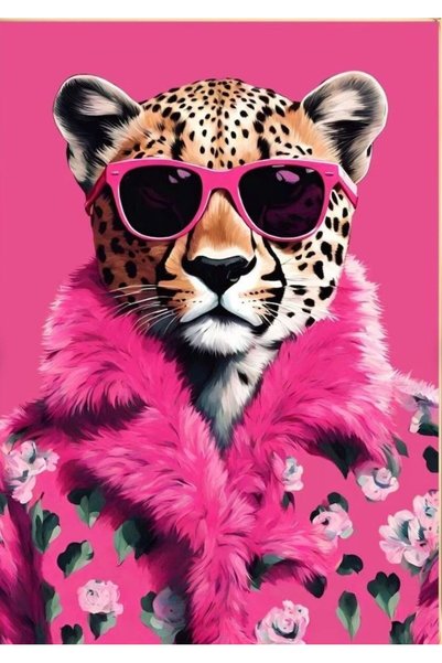 özkacar PEMBE KIYAFETLİ LEOPAR KANVAS TABLO EV DUVAR SALON OFİS DÜKKAN HEDİYELİK DEKARASYON SÜSÜ
