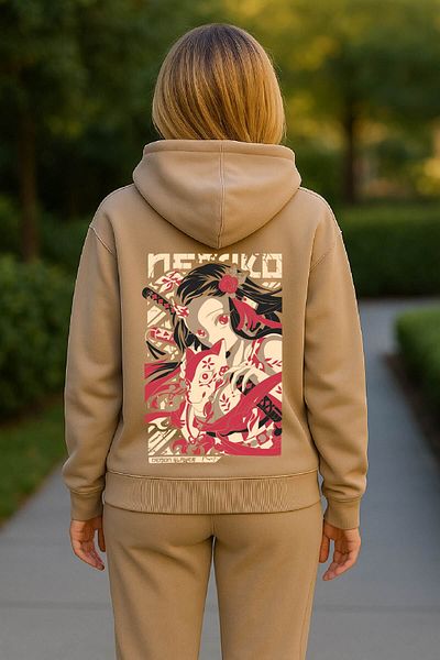 By Caspita Fashion Lenithra Demon Slayer Nezuko Kamado Anime Back Printed Unisex Oversize Beige Hoodie