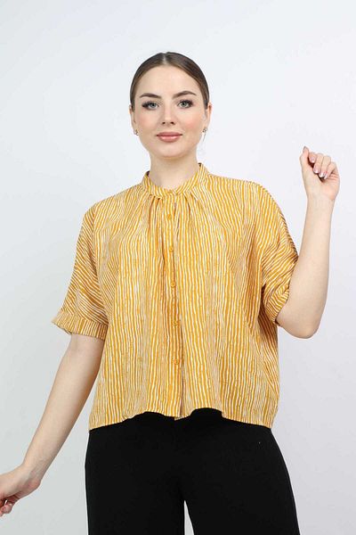 Nichii Striped Button-Up Blouse with Small Collar , Short Sleeves