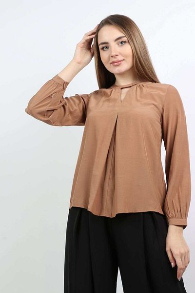 Nichii Classic Women's Long Sleeve Blouse with Pleat and Open Neckline