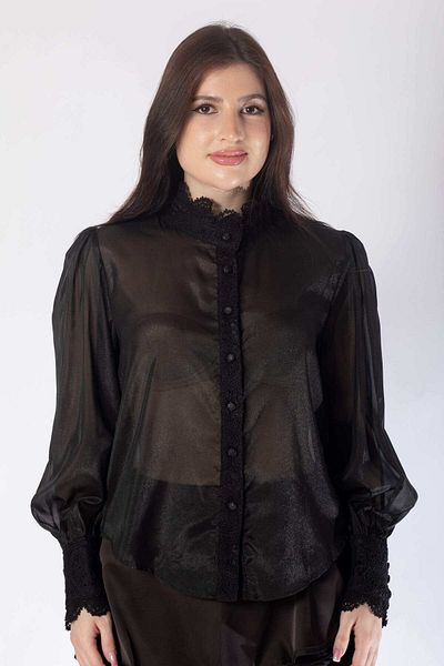 Nichii Lace-Embellished Long Sleeve Women's Blouse with Front Buttons