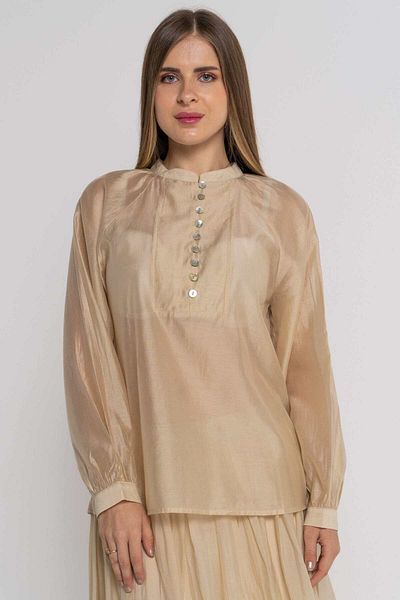 Nichii Women's Sheer Blouse with Buttoned Chest and Long Sleeves