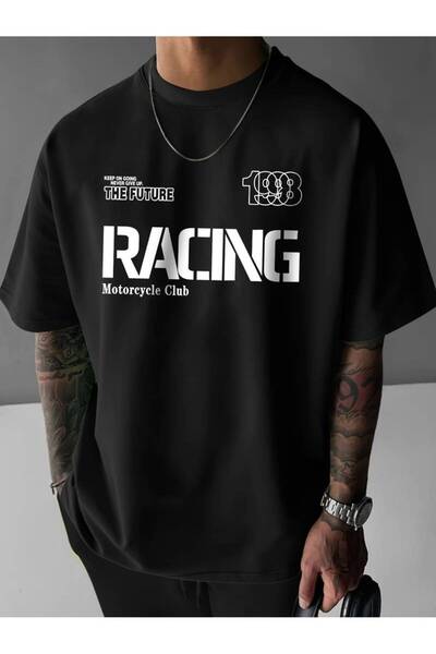 Harajuku Style Mâneci scurte unisex cu imprimeu Black Biker Racing Club