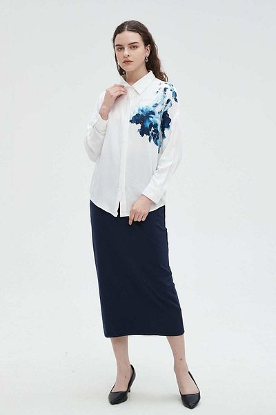 Nichii Women's Long Sleeve Blouse with Colorful Shoulder Print