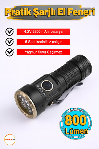 Badem10 30W 800 Lümen Usb Şarjlı Ledli Kamp Taktik El Feneri Su Geçirmez Meta...