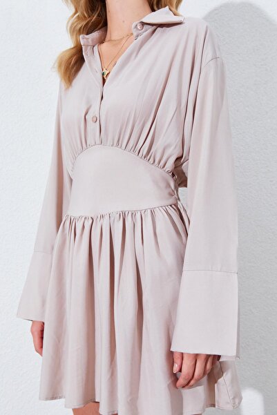 TENA Kadın Bej Beli Oturtmalı Gömlek Yaka Elbise