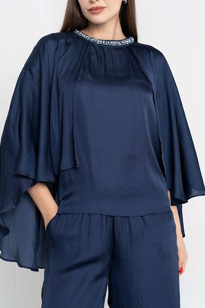 Nichii Embroidered Collar Solid Blouse with Butterfly Sleeves