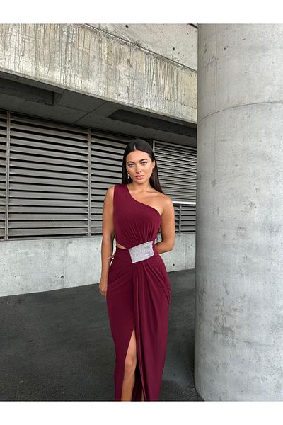 Modafeminen One Shoulder Detailed Sandy Fabric Dress 583181 Dark Burgundy