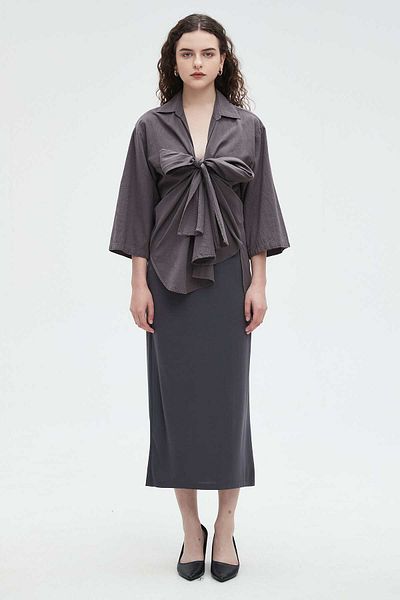 Nichii Women's Solid 3/4 Sleeve Blouse with Tie Detail at the Chest