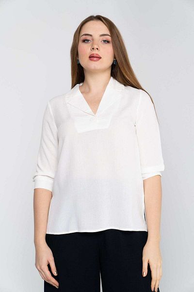 Nichii Women's 3/4 Sleeve Blouse with Wide Collar Shirt Design