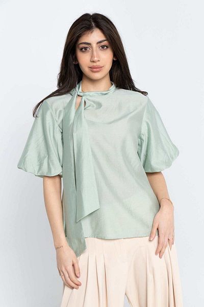 Nichii Women's Solid Half-Sleeve Blouse with Bow Tie Collar
