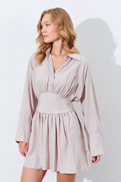 TENA Kadın Bej Beli Oturtmalı Gömlek Yaka Elbise