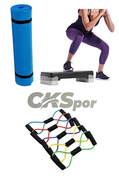 CKSpor Fitness Set Step Tahtası + Pilates Direnç Bandı + 10 mm Kalın Spor Matı Seti – Evde Spor İçin İdeal