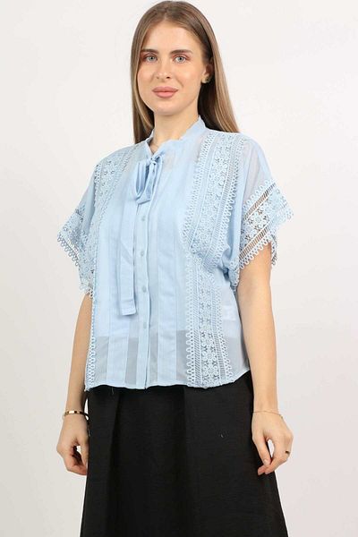 Nichii Transparent Short-Sleeve Blouse with Neck Tie