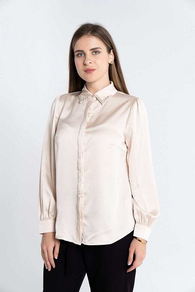 Nichii Women's Classic Plain Shirt with Embroidered Collar, Long Sleeves