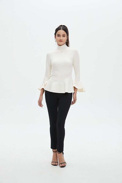 Nichii Women's Solid 3/4 Sleeve Blouse with Front Ruffle Detail