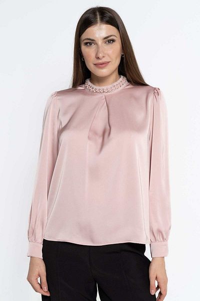 Nichii Women's Long Sleeve Solid Blouse with Pearl-Embroidered Collar