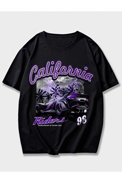 Harajuku Style أسود مطبوع كاليفورنيا كبير الحجم للجنسين