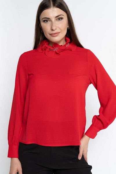 Nichii Women's Long Sleeve Solid Blouse with Ruffled Embroidery