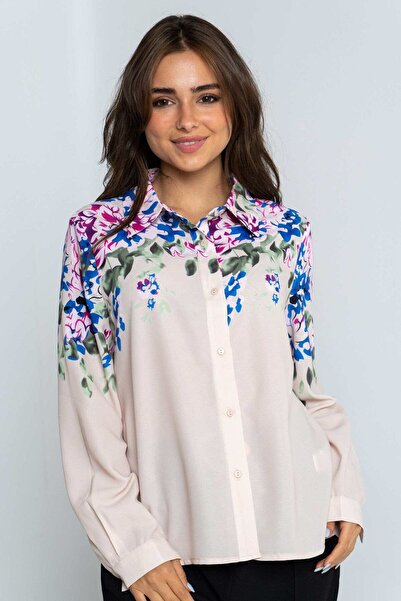 Nichii قميص نسائي بطبعة زهور بأكمام طويلة وتفاصيل على الكتف