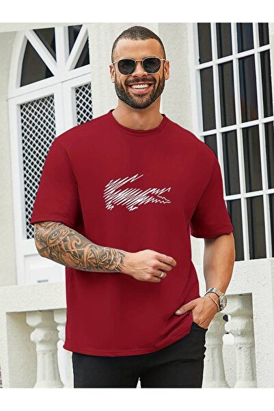 Harajuku Style Κόκκινο ανδρικό μπλουζάκι με λαιμόκοψη ποδηλάτου, άνετο, υπερμ...