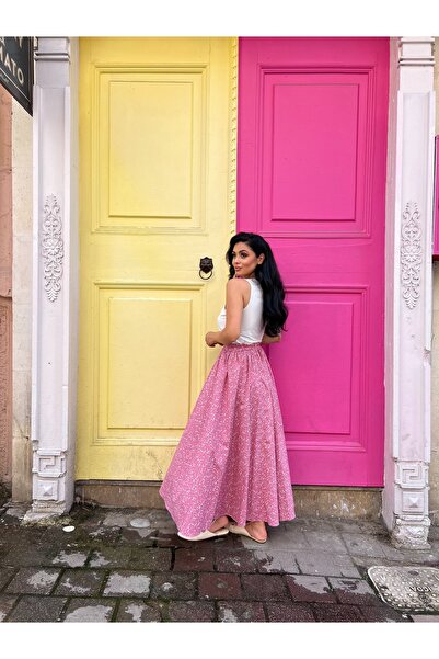 KÜÇÜĞÜM BUTİK Pink Crispy Floral Poplin Flared Skirt