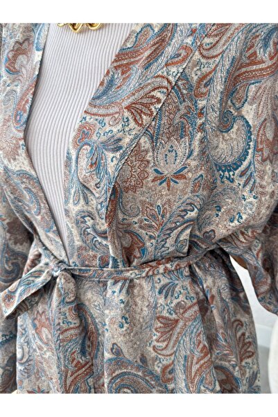 Modamorfo Ethnic Patterned Lace-Up Kimono - Light Gray