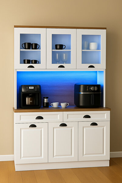 ATELIER çok gözlü kahve köşesi hazır mutfak dolabı saklama ünitesi siyah kulplu ahşap detaylı country stil