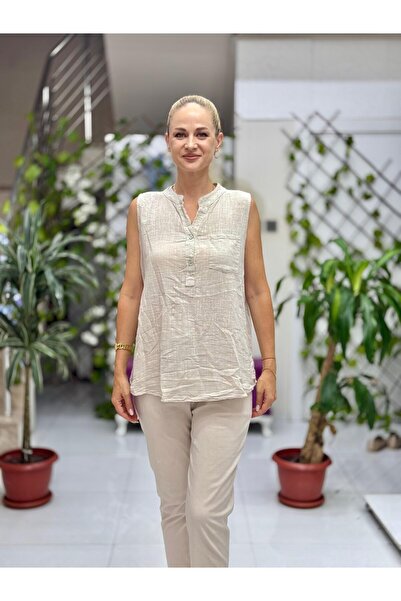 Punta Otantik LS8819E Αμάνικη βαμβακερή ιταλική μπλούζα με τσέπες σε μπεζ χρώμα