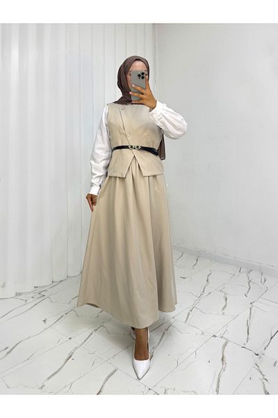 Modamorfo Cross Button Belted Vest Skirt Suit -Beige