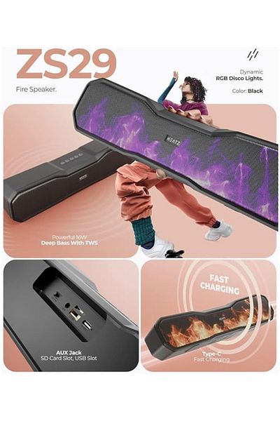 HEATZ ZS29 Disco Soundbar, 16W High-Bass Bluetooth Speaker, RGB Lights, Type-C Fast Charging