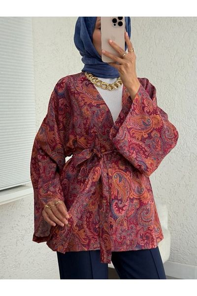 Modamorfo Kimono cu șireturi cu modele etnice - Roșu Claret