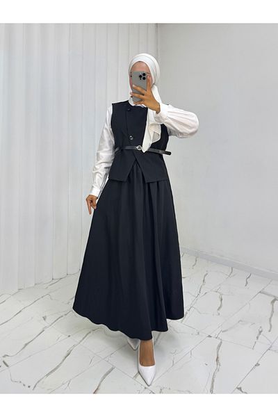Modamorfo Cross Button Belted Vest Skirt Suit -Black