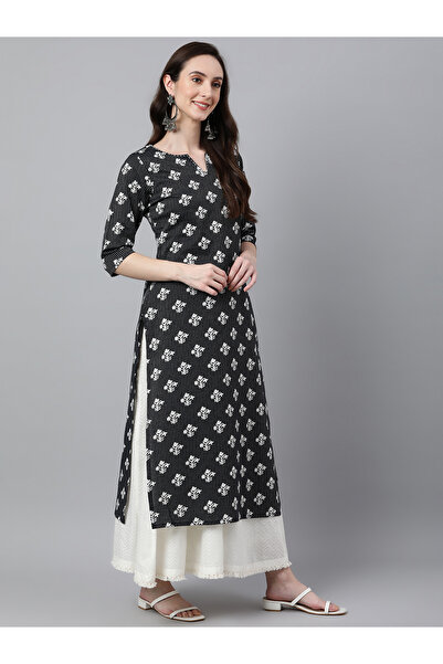 IndHeritage Premium cotton office / casual kurti - Black kurti / kurta for women with white prints