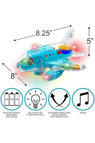 Toybox Airplane Bump and Go Transparent Toy for Kids with Colorful Moving Gears Music and LED Effects