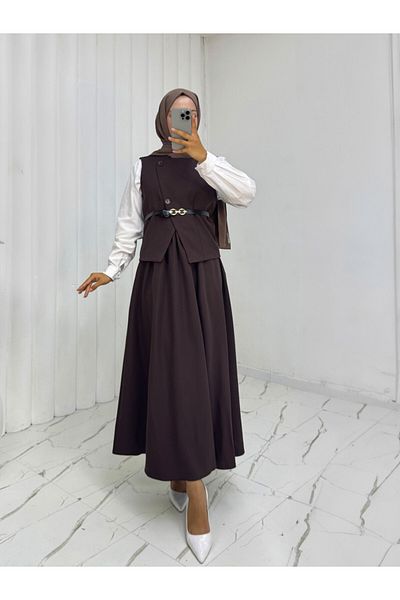 Modamorfo Cross Button Belted Vest Skirt Suit -Coffee