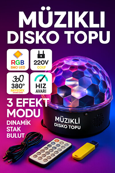 Led Bluetooth Hoparlörlü Disko Topu Işık USB Müzik Çalar, Kumandalı,360° Eğle...