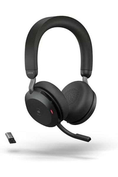 Jabra سماعة رأس لاسلكية Evolve2 75 للكمبيوتر الشخصي مزودة بخاصية إلغاء الضوضاء النشطة المتقدمة، وسماعات رأس ستيريو مزدوجة من الإسفنج