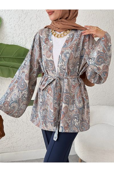 Modamorfo Kimono cu șireturi cu modele etnice - gri deschis