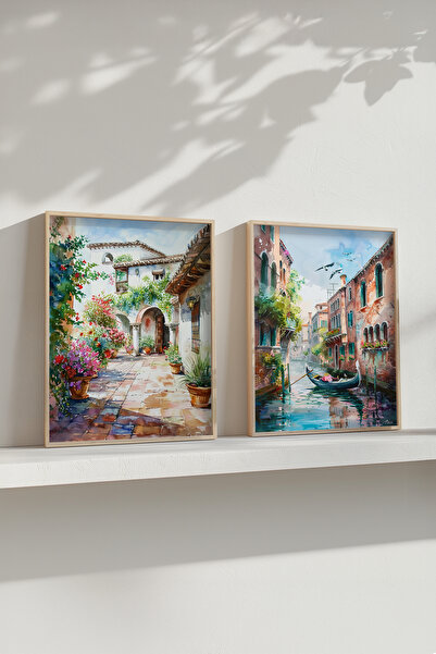 STARYUNA Watercolor Effect Venice Italy Landscape Painting, Wooden Frame Set of 2 Paintings Yuna136