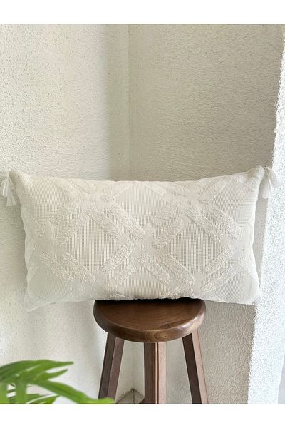Decamor home Punch Pattern Corner Tassel Cotton White Throw Pillow Case