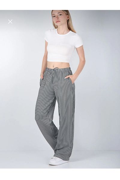 QUMRULİFE Yüssbutik Waterway Pocket Black and White Striped Loose Leg Trousers with a Cord