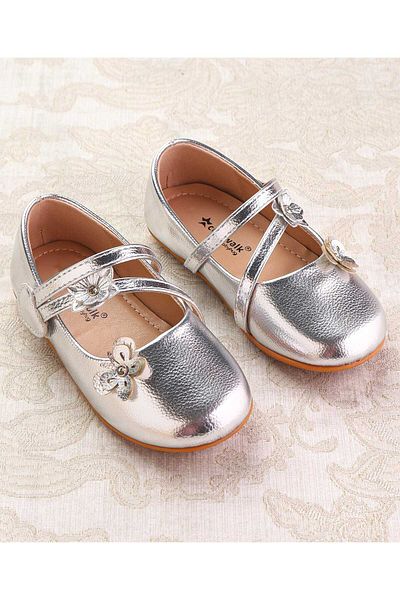 Cute Walk by Babyhug Cute Walk by Babyhug Velcro Closure Ballerina with Floral Applique - Silver